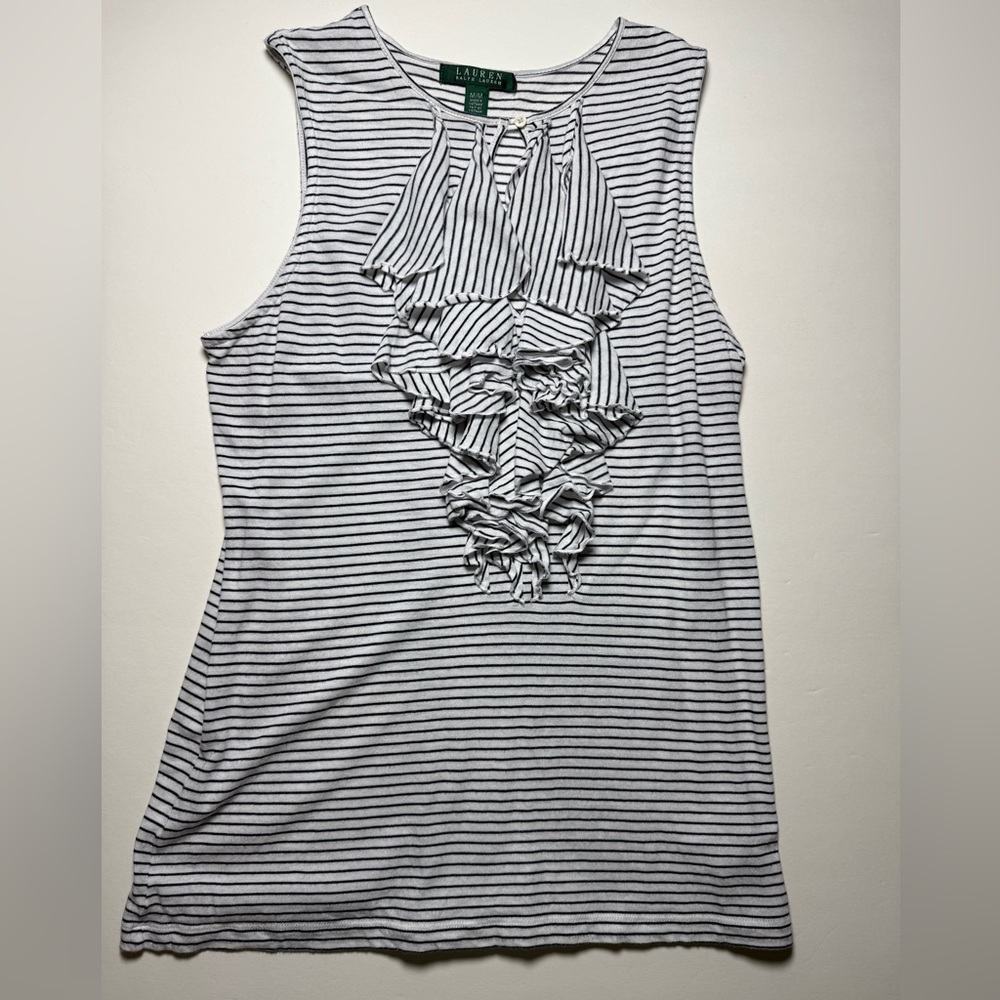 Ralph Lauren White and Navy Striped Ruffle Front Tank